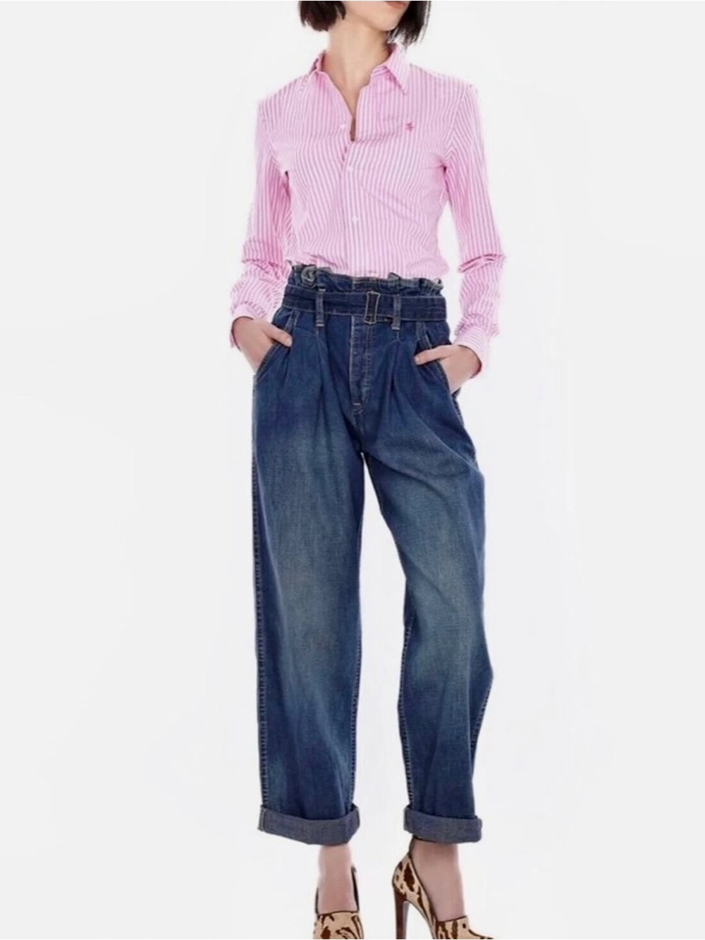 Polo Ralph Lauren High-Waist Belted Pleated Wide-Leg Jeans in Medium Blue 26